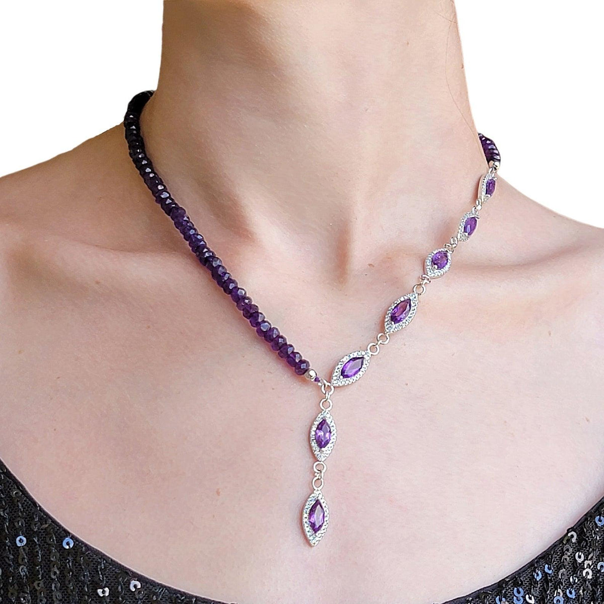 Genuine Amethyst Lariat Necklace - Uniquelan Jewelry
