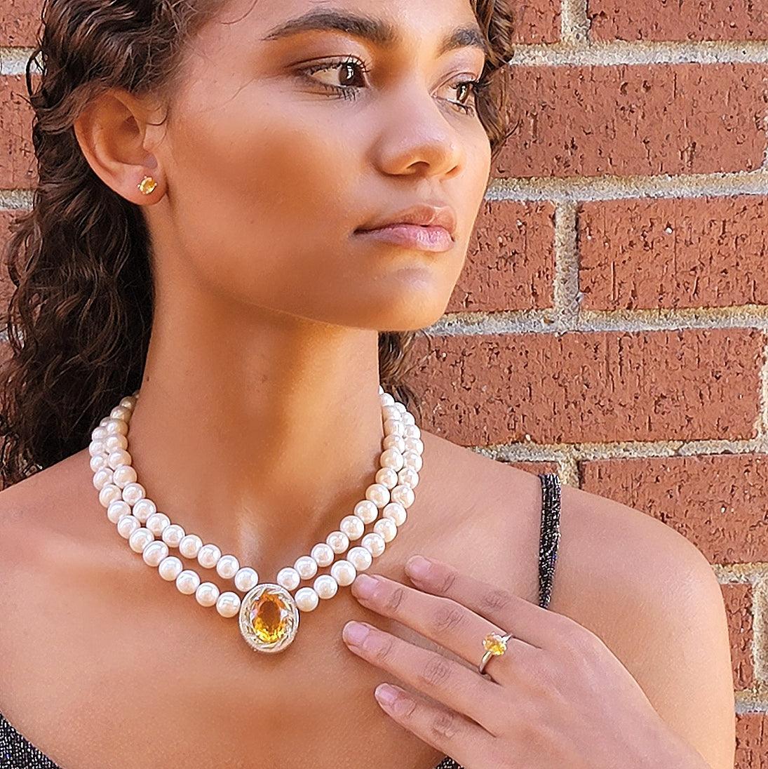 Genuine Citrine and Pearl Necklace - Uniquelan Jewelry