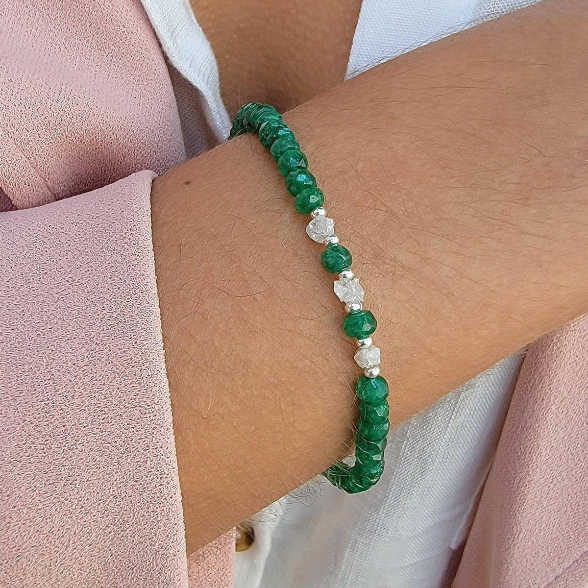 Genuine Emerald Raw Diamond Bracelet - Uniquelan Jewelry