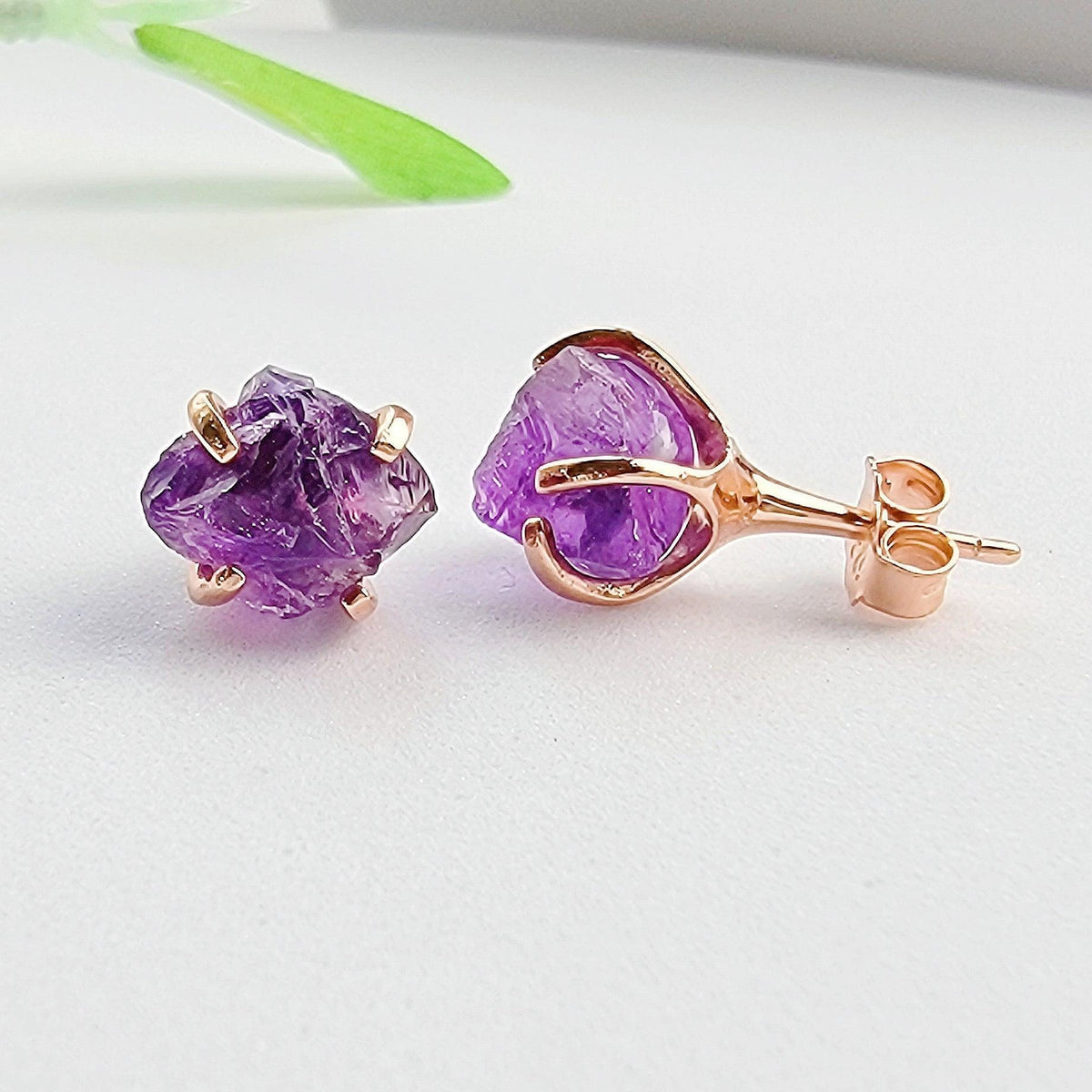 Genuine Raw Amethyst Stud Earrings - Uniquelan Jewelry