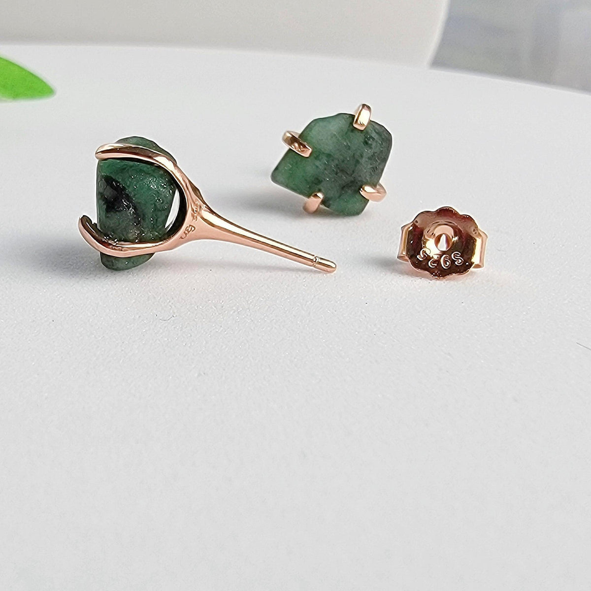 Genuine Raw Emerald Stud Earrings - Uniquelan Jewelry