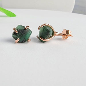 Genuine Raw Emerald Stud Earrings - Uniquelan Jewelry