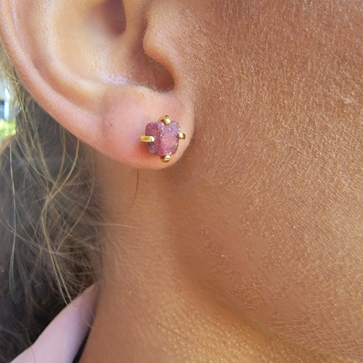 Genuine Raw Ruby Stud Earrings - Uniquelan Jewelry