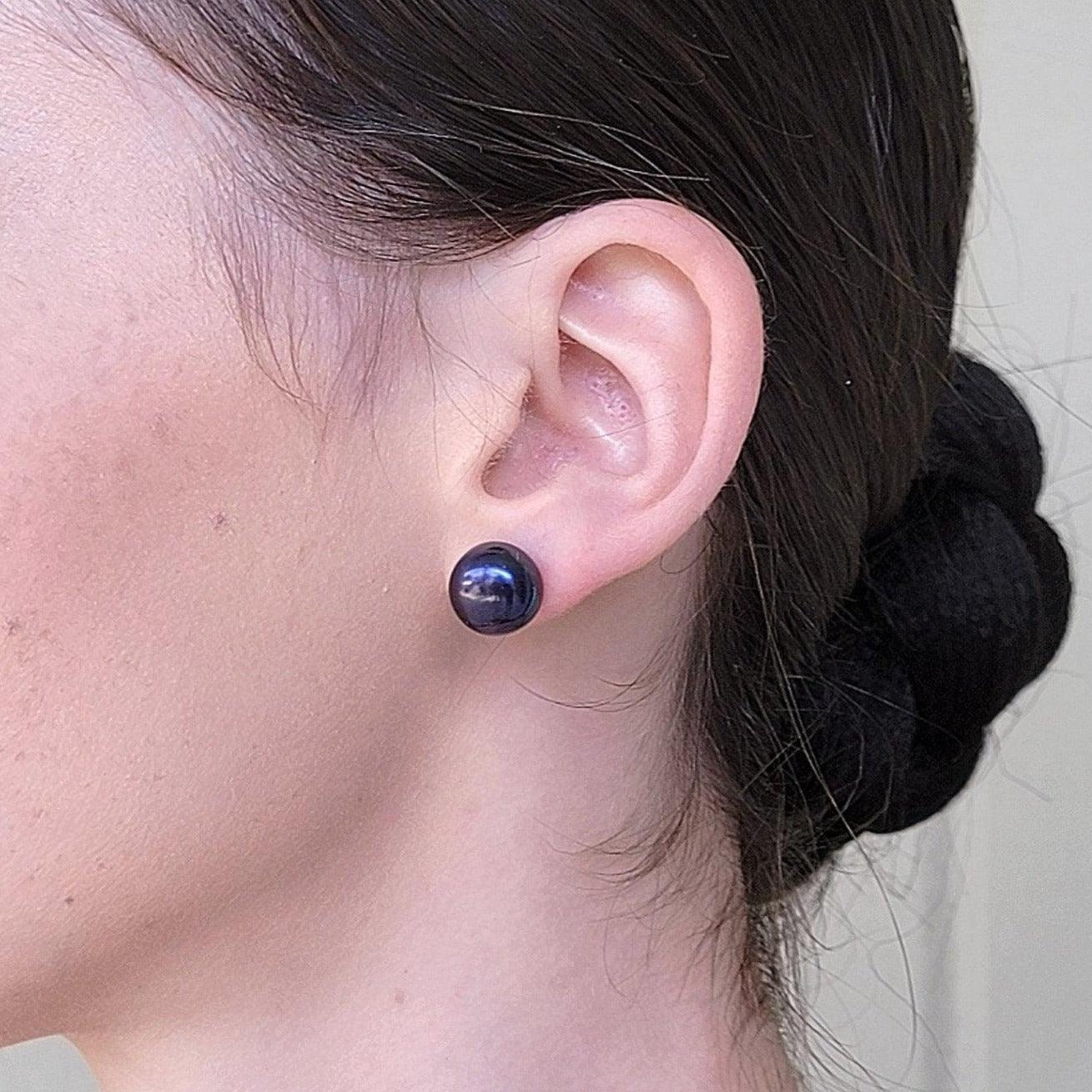 Large 12mm black freshwater pearls stud earrings - Uniquelan Jewelry