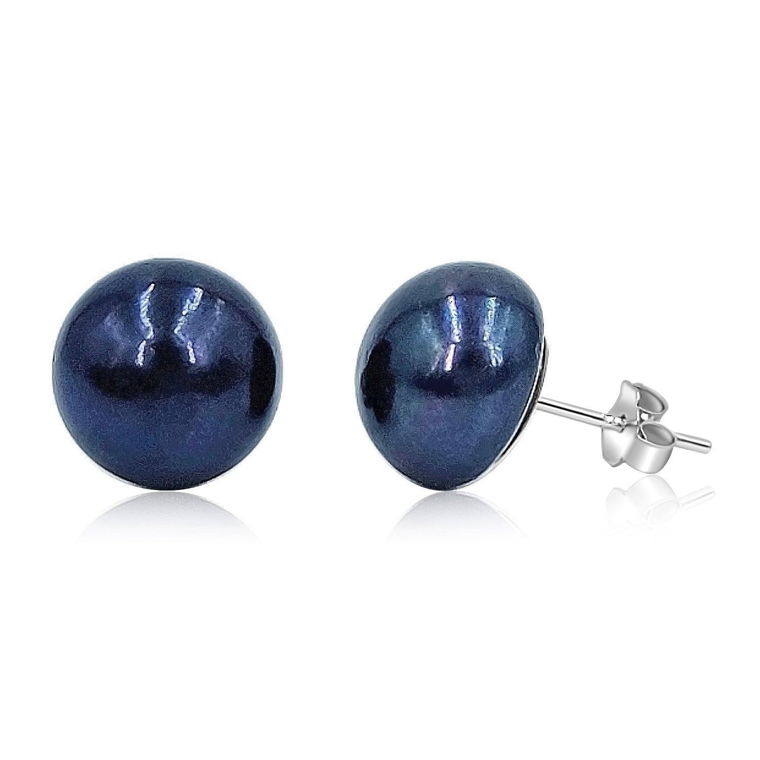 Large 12mm black freshwater pearls stud earrings - Uniquelan Jewelry