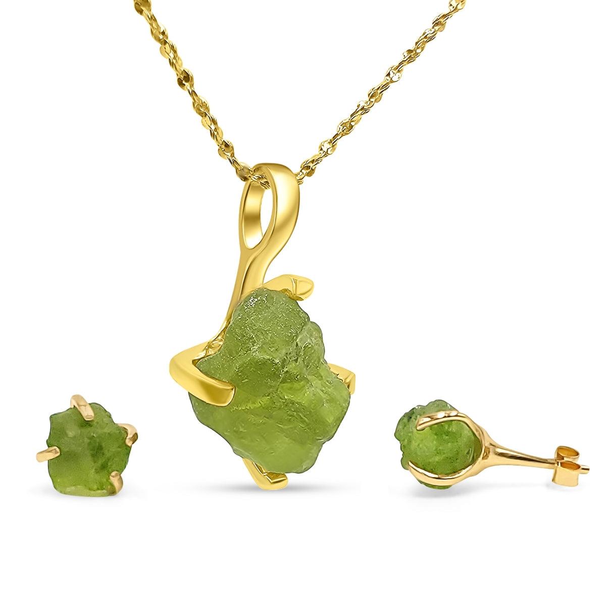 Raw Peridot Necklace Stud Earrings Set - Uniquelan Jewelry