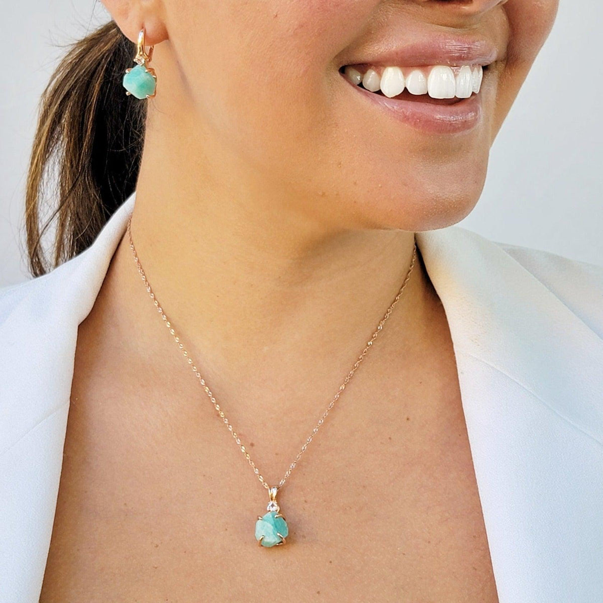 Raw Amazonite Necklace Drop Earrings Set - Uniquelan Jewelry