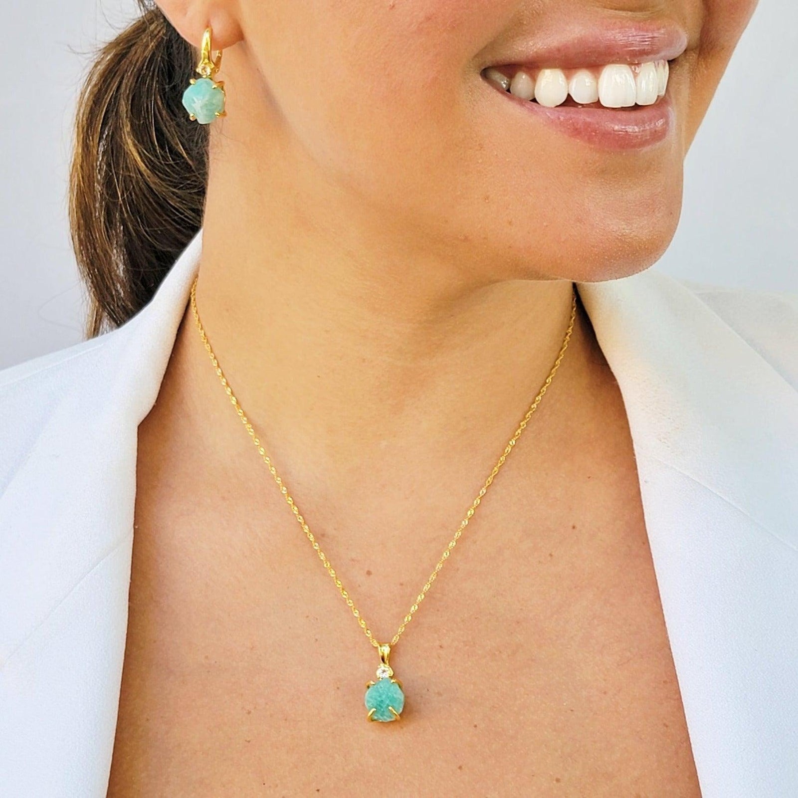 Raw Amazonite Necklace Drop Earrings Set - Uniquelan Jewelry