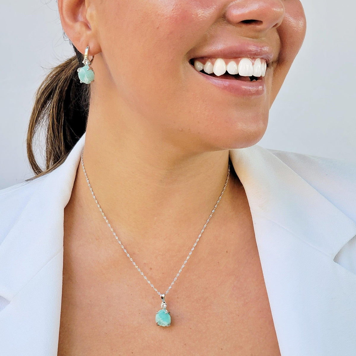 Raw Amazonite Necklace Drop Earrings Set - Uniquelan Jewelry