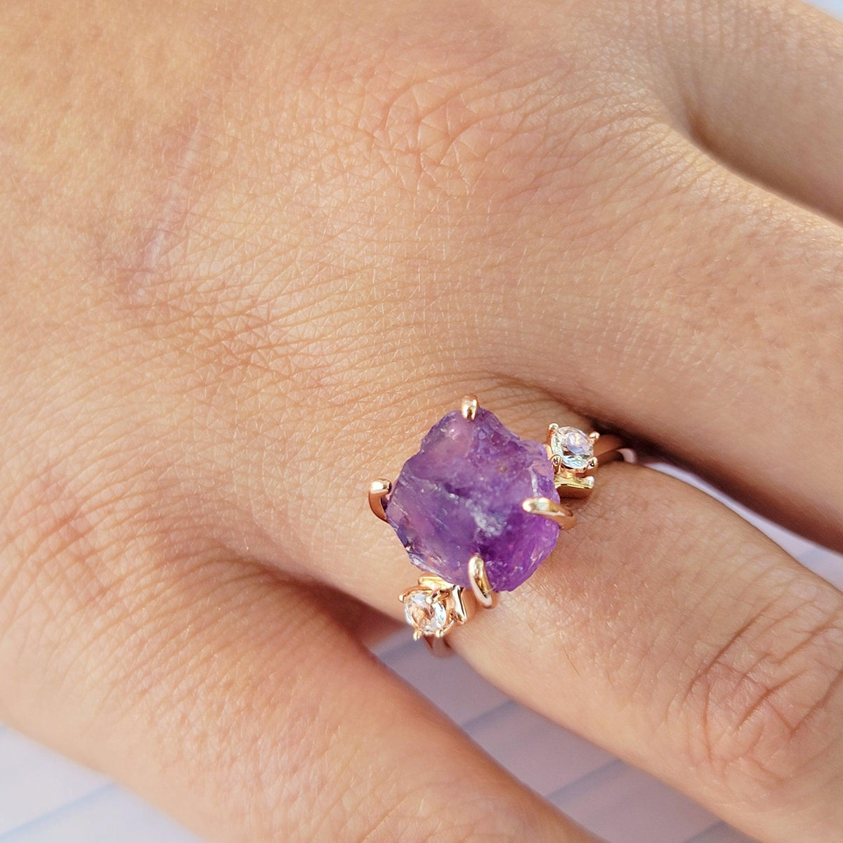 Raw Amethyst Crystal Ring - Uniquelan Jewelry