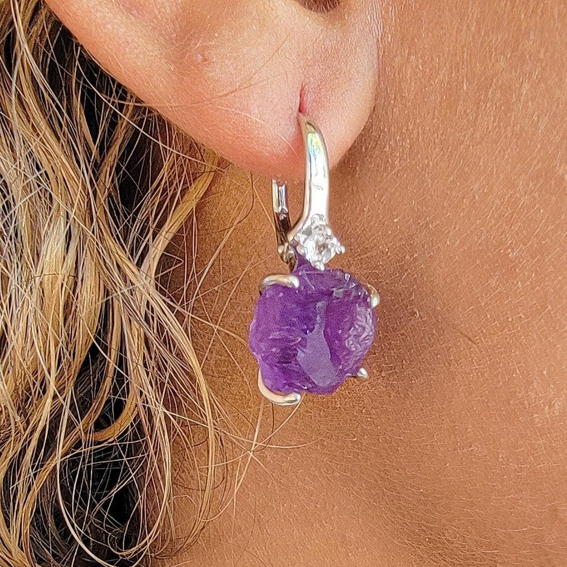 Raw Amethyst Drop Earrings - Uniquelan Jewelry