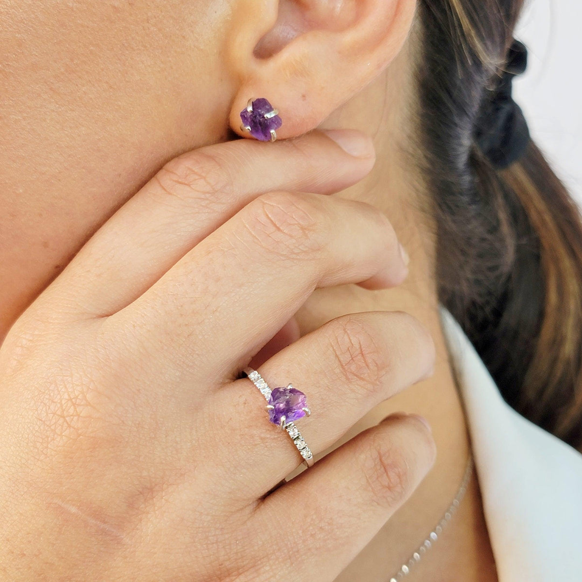 Raw Amethyst Stud Earring and Ring Set - Uniquelan Jewelry