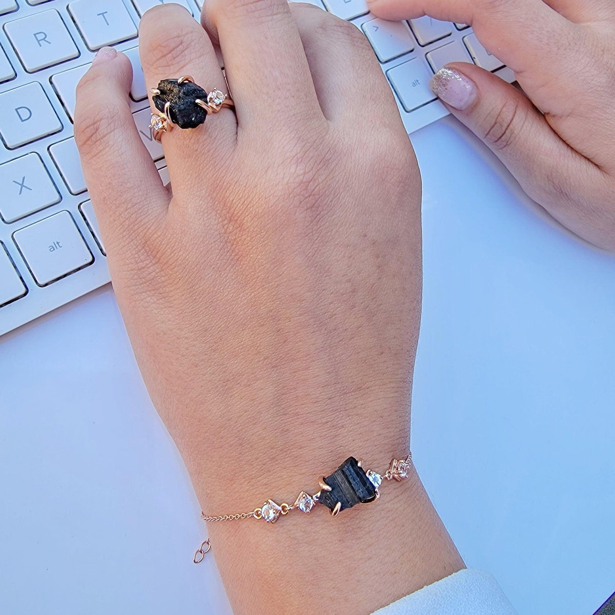 Raw Black Tourmaline Ring Bracelet Set - Uniquelan Jewelry