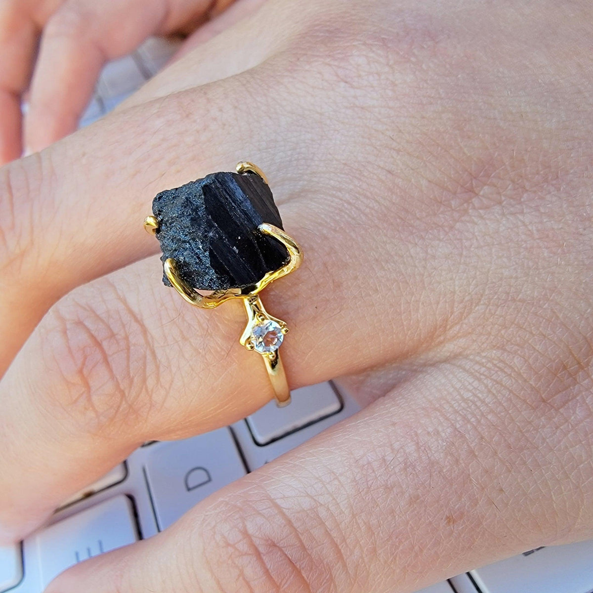 Raw Black Tourmaline Ring Bracelet Set - Uniquelan Jewelry