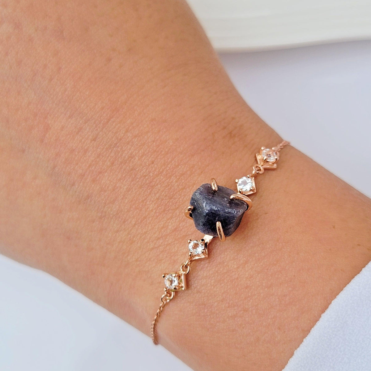 Raw Blue Sapphire Bracelet Rose Gold - Uniquelan Jewelry