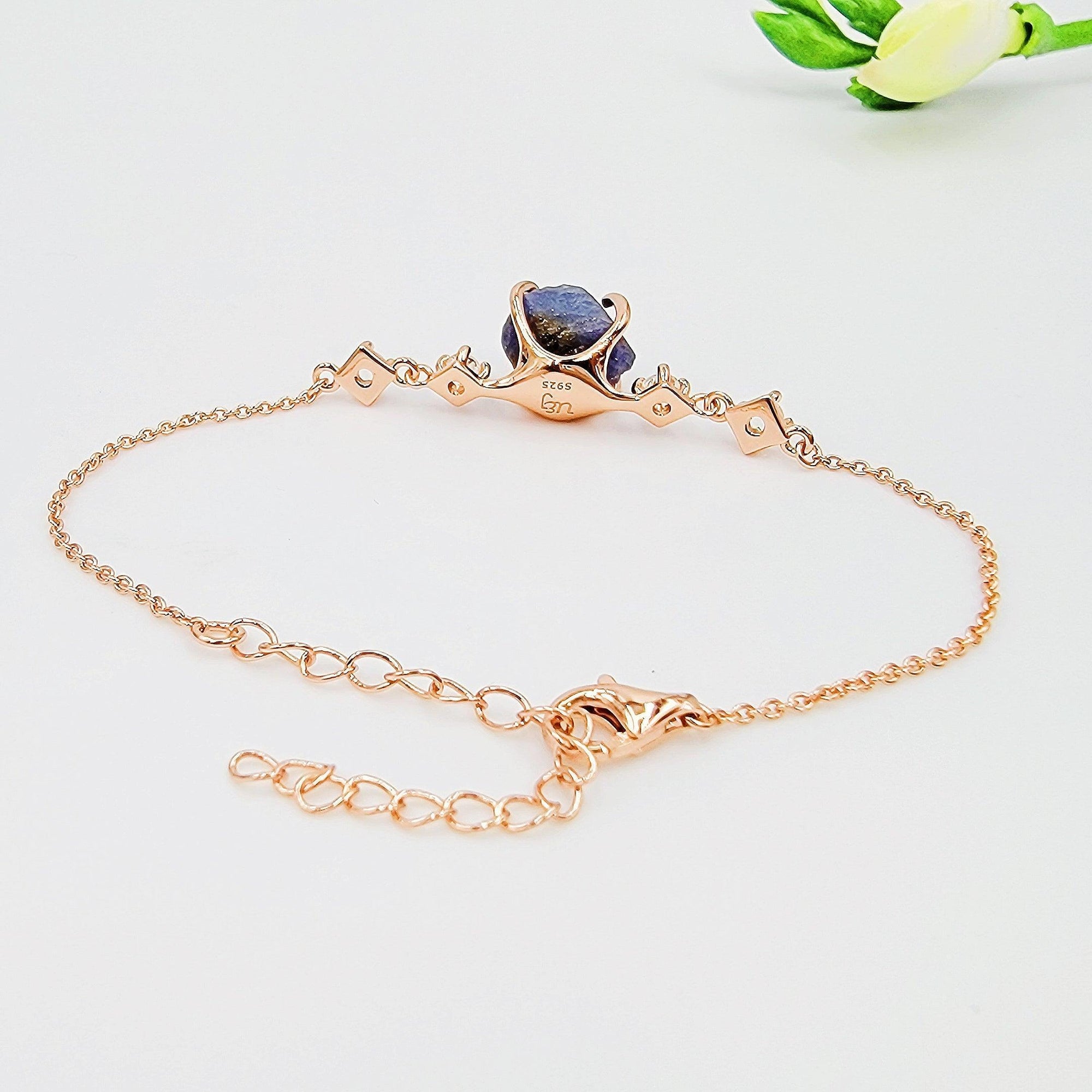 Raw Blue Sapphire Bracelet Rose Gold - Uniquelan Jewelry