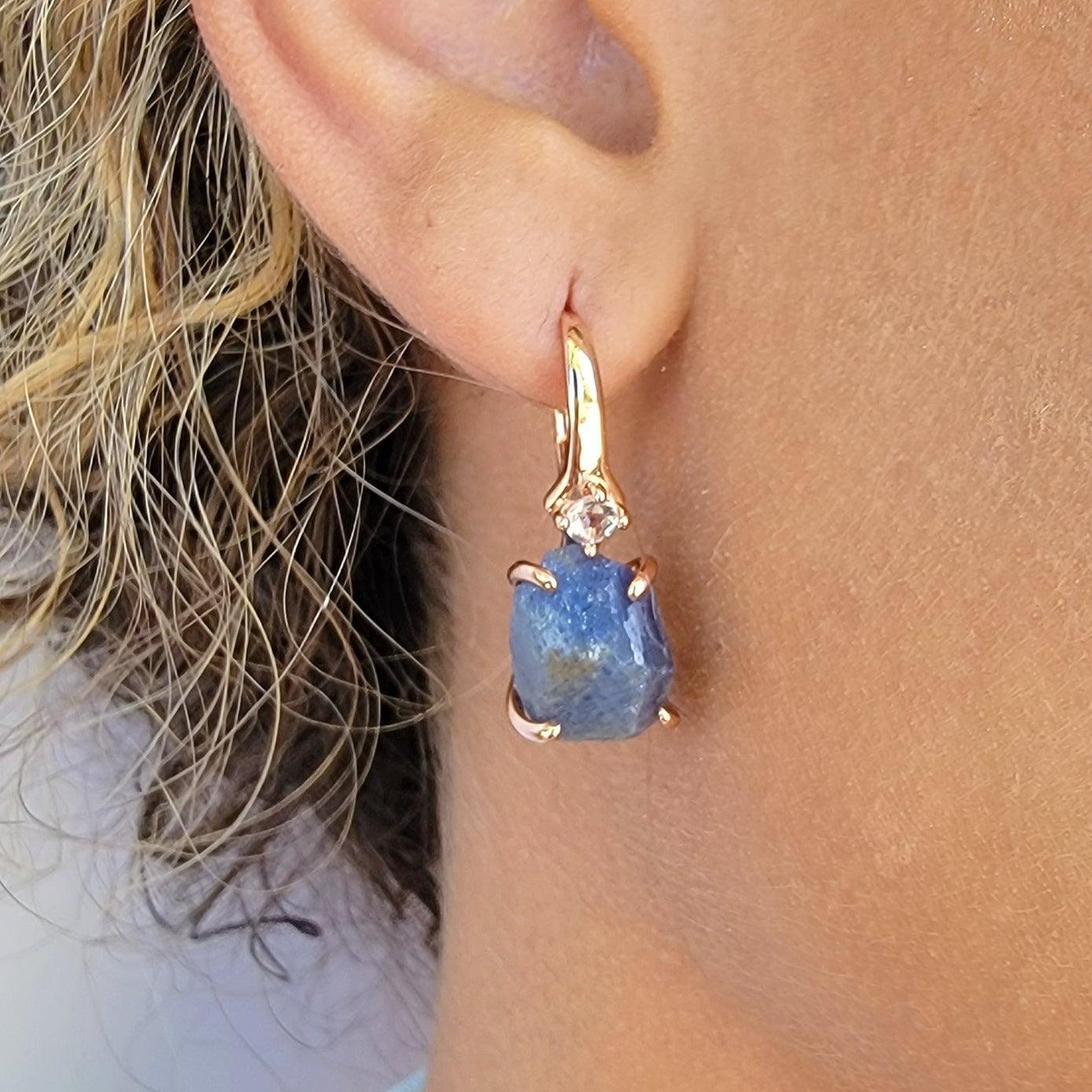 Raw Blue Sapphire Drop Earrings - Uniquelan Jewelry