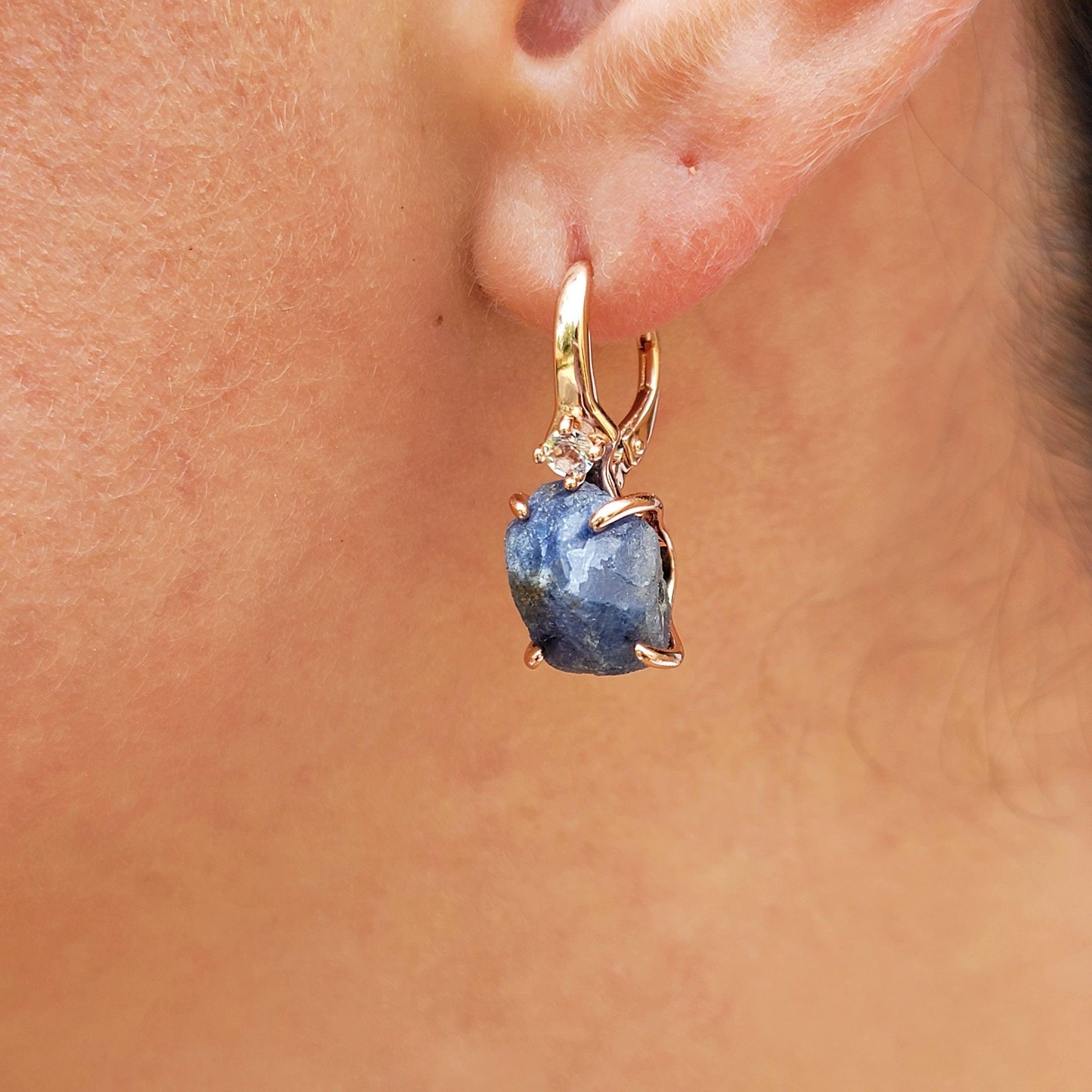 Diamond Blue Sapphire Drop Earrings on 18k Rose Gold on Sale