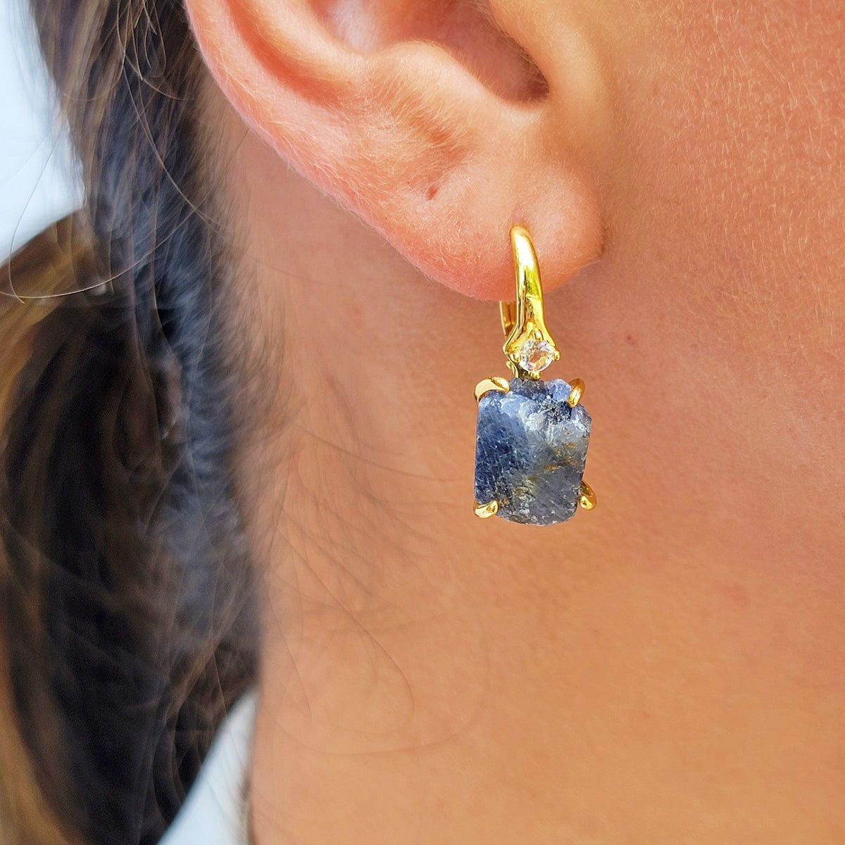 Raw Blue Sapphire Drop Earrings - Uniquelan Jewelry