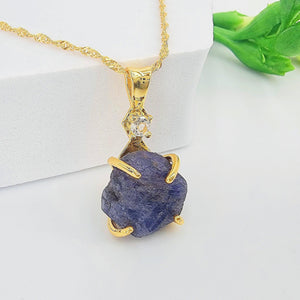 Raw Blue Sapphire Necklace Yellow Gold- Uniquelan Jewelry