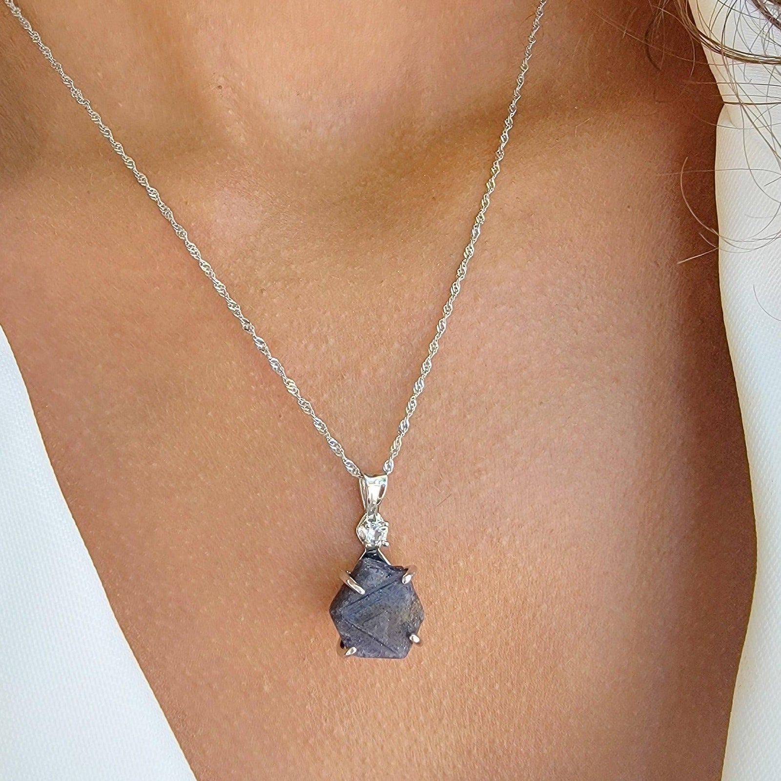 Raw Sapphire Necklace Sterling Silver - Uniquelan Jewelry