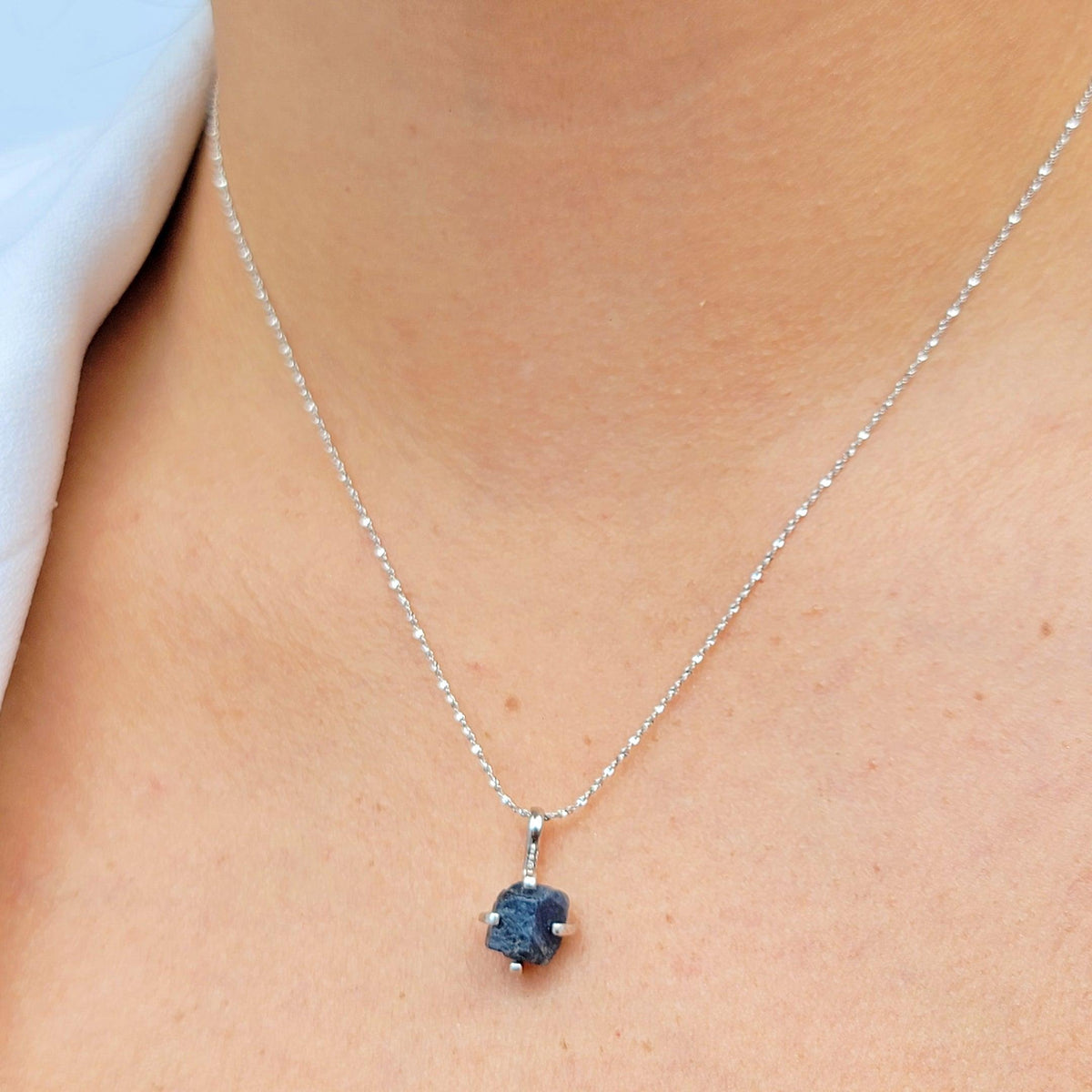 Raw Sapphire Necklace Sterling Silver- Uniquelan Jewelry