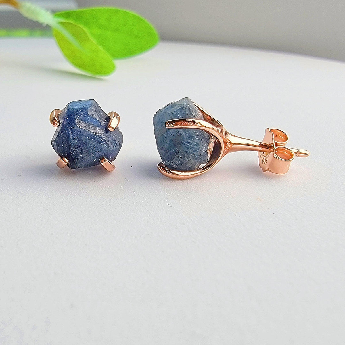 Raw Blue Sapphire Stud Earrings - Uniquelan Jewelry