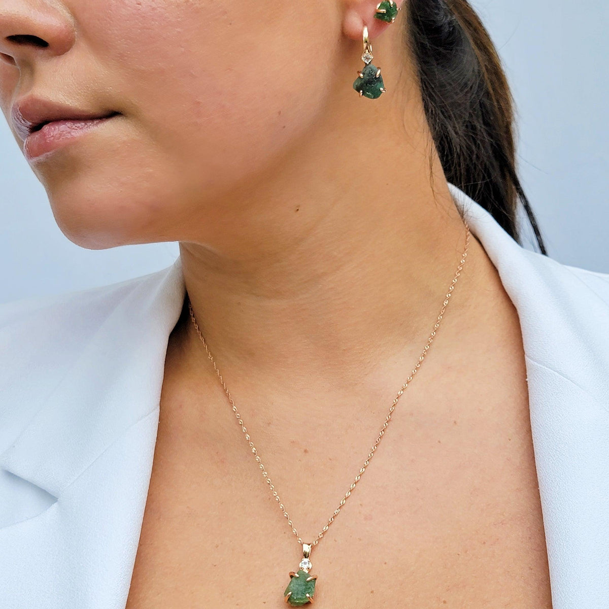 Raw Emerald and Drop Earrings Set - Uniquelan Jewelry