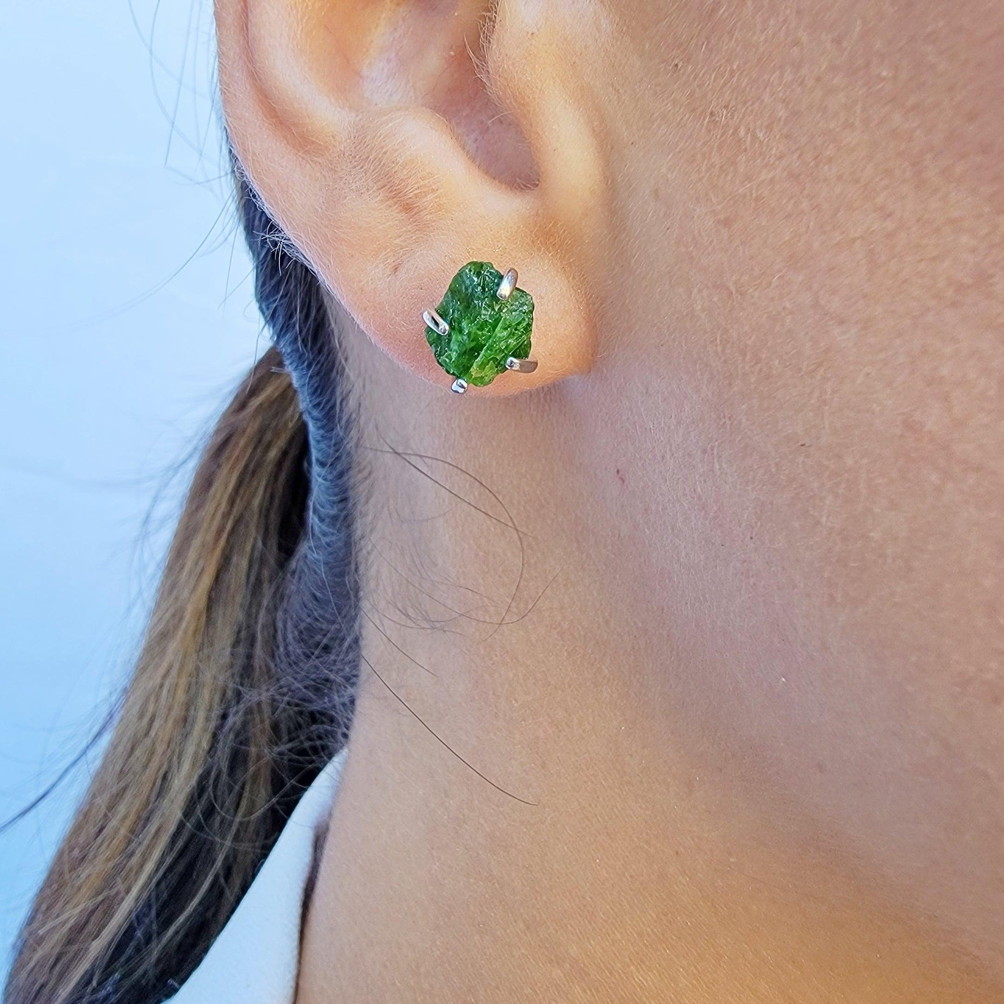 Raw Green Tourmaline Stud Earrings - Uniquelan Jewelry