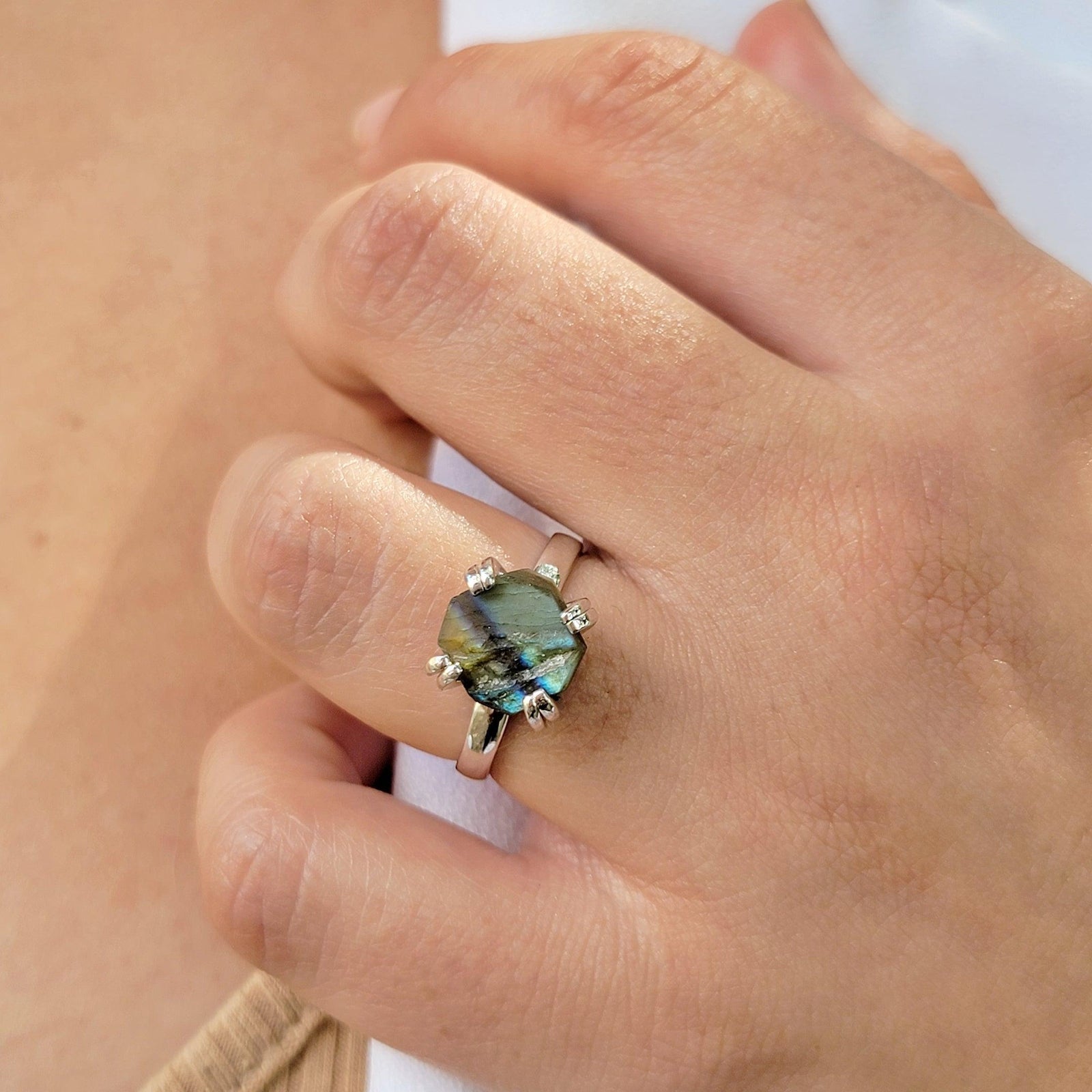 Raw Labradorite Adjustable Ring - Uniquelan Jewelry