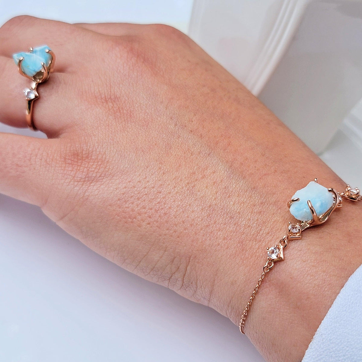 Raw Larimar Bracelet and Ring Set - Uniquelan Jewelry