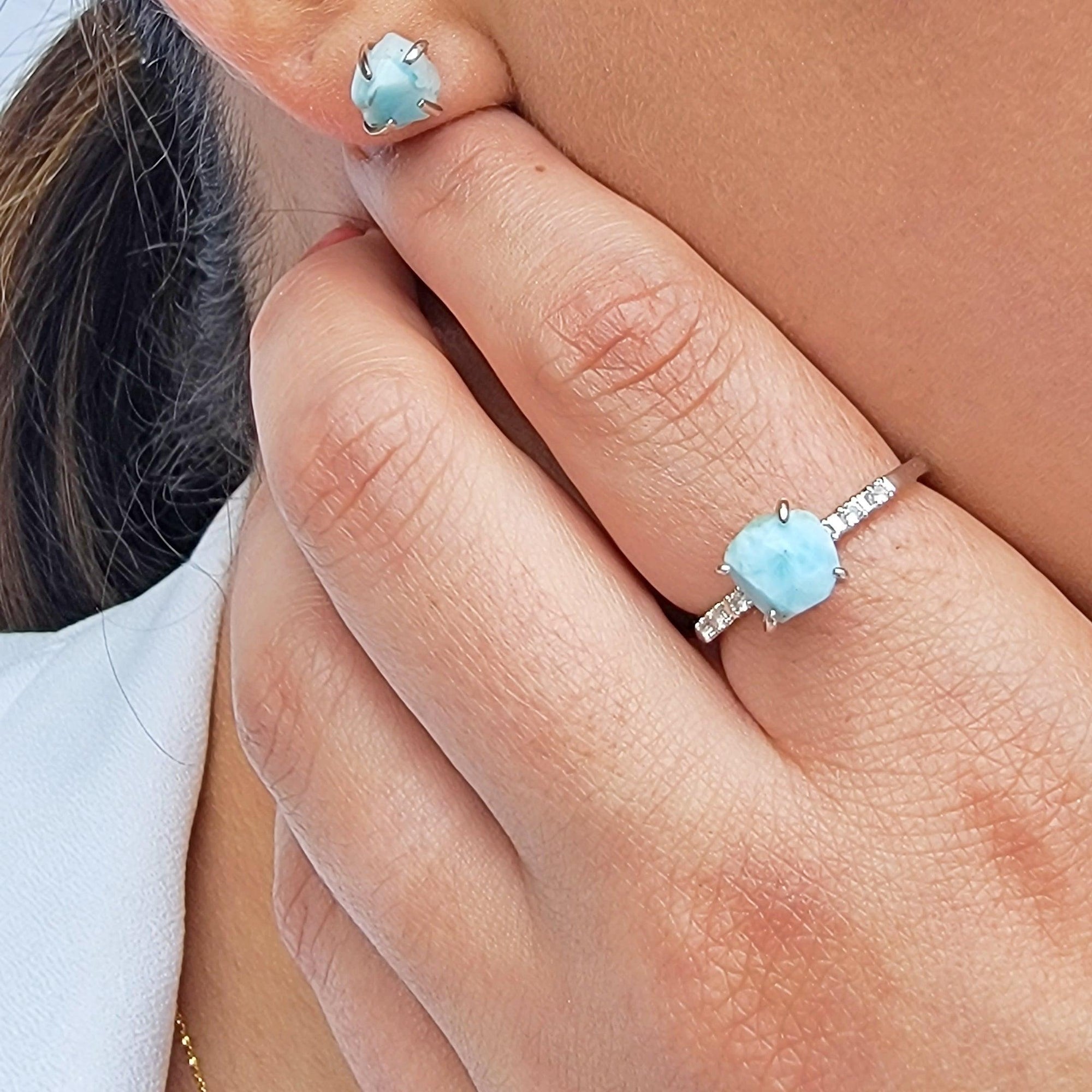 Raw Larimar Ring and Stud Earring Set - Uniquelan Jewelry
