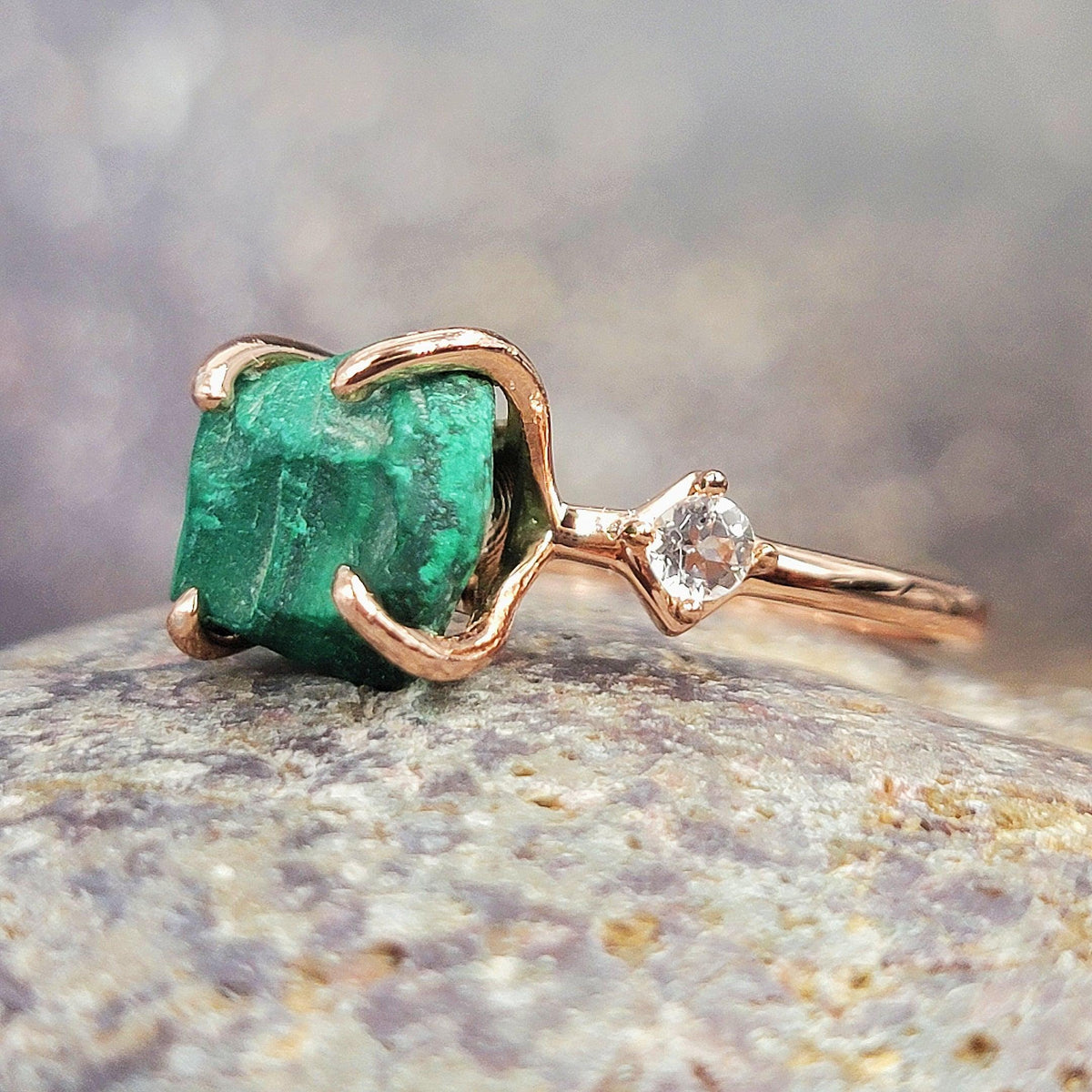 Raw Malachite and Quartz Ring - Uniquelan Jewelry