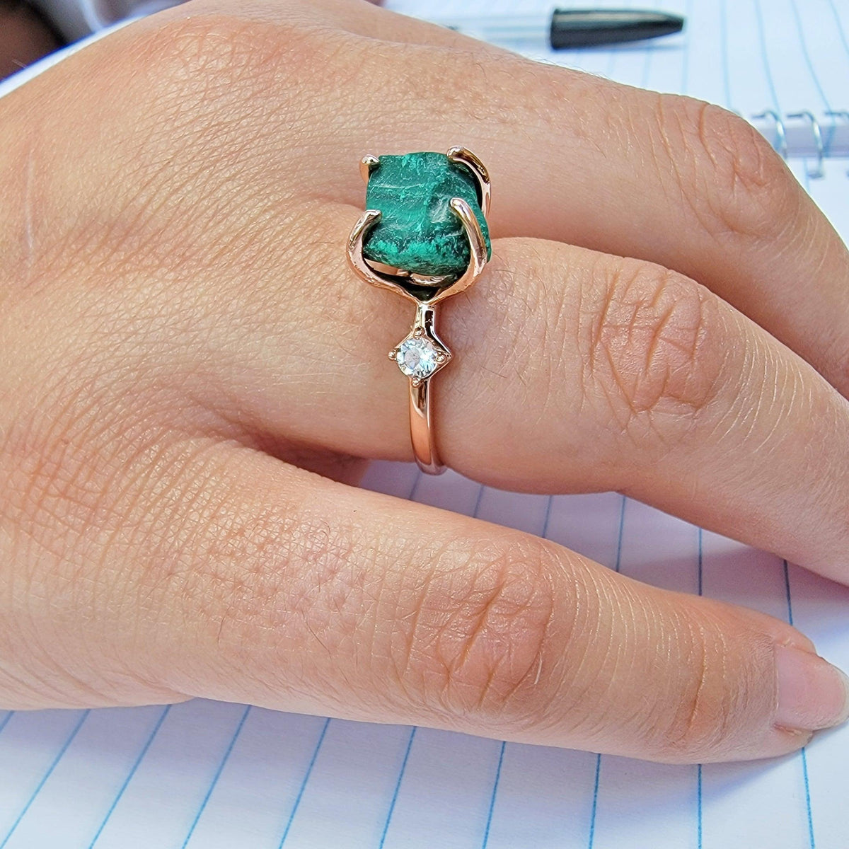 Raw Malachite and Quartz Ring - Uniquelan Jewelry