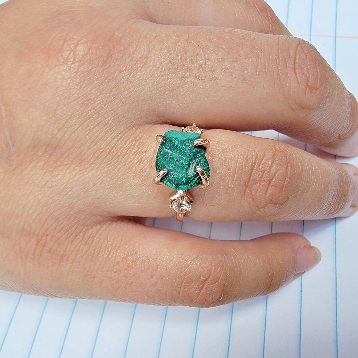 Raw Malachite and Quartz Ring - Uniquelan Jewelry