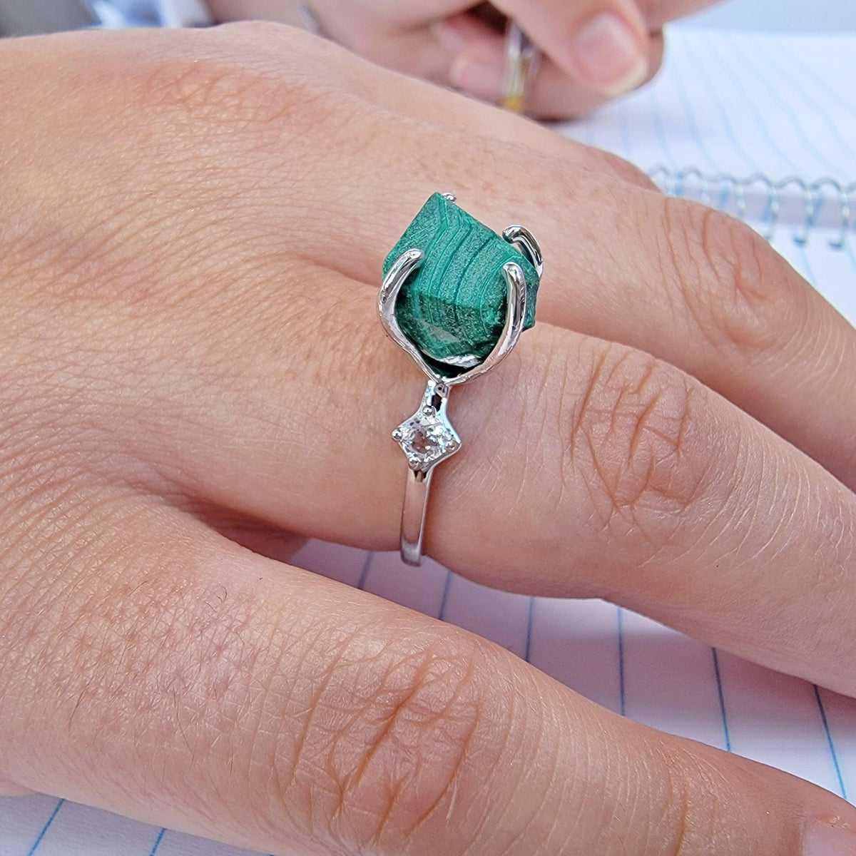 Raw Malachite and Quartz Ring - Uniquelan Jewelry