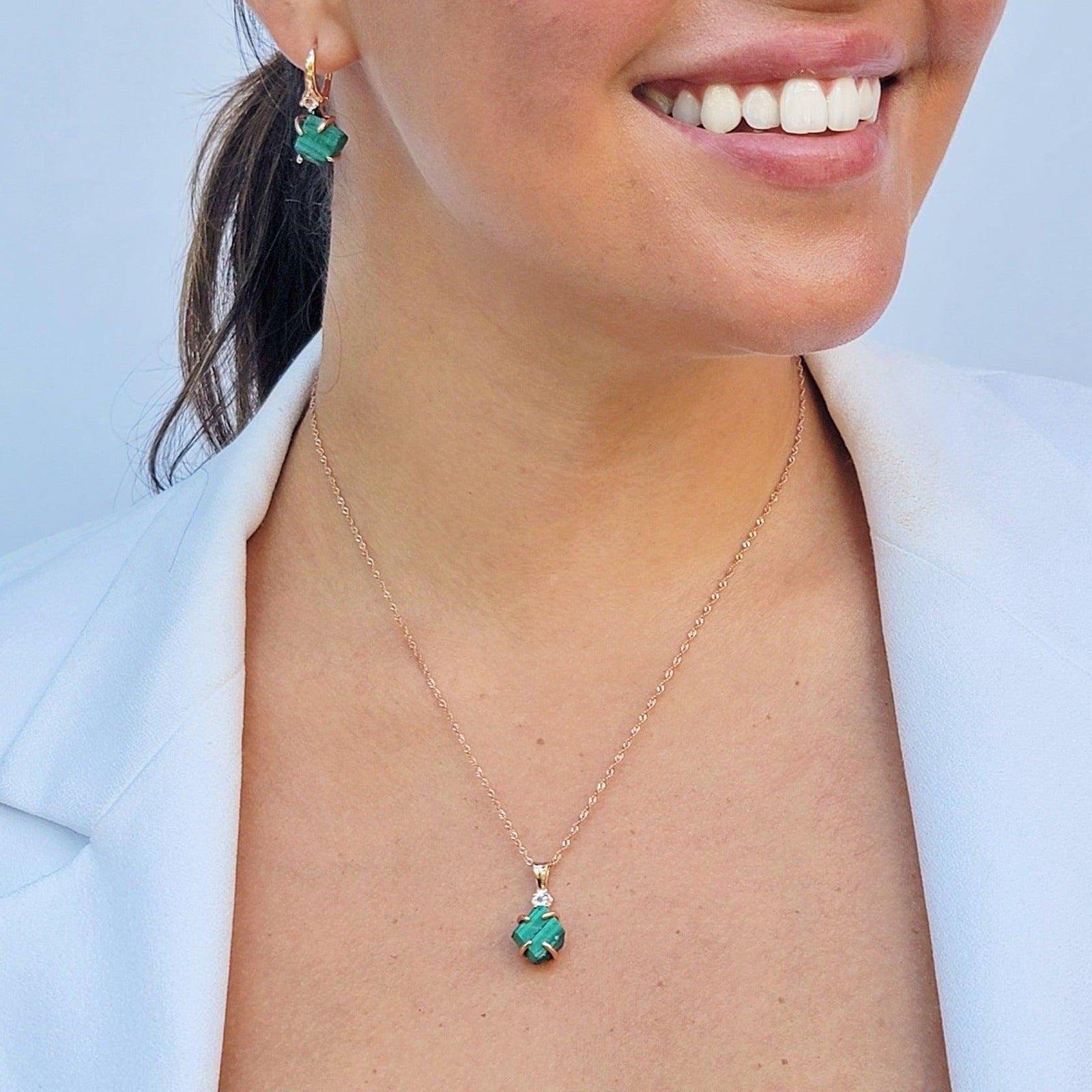 Raw Malachite Necklace Drop Earrings Set - Uniquelan Jewelry