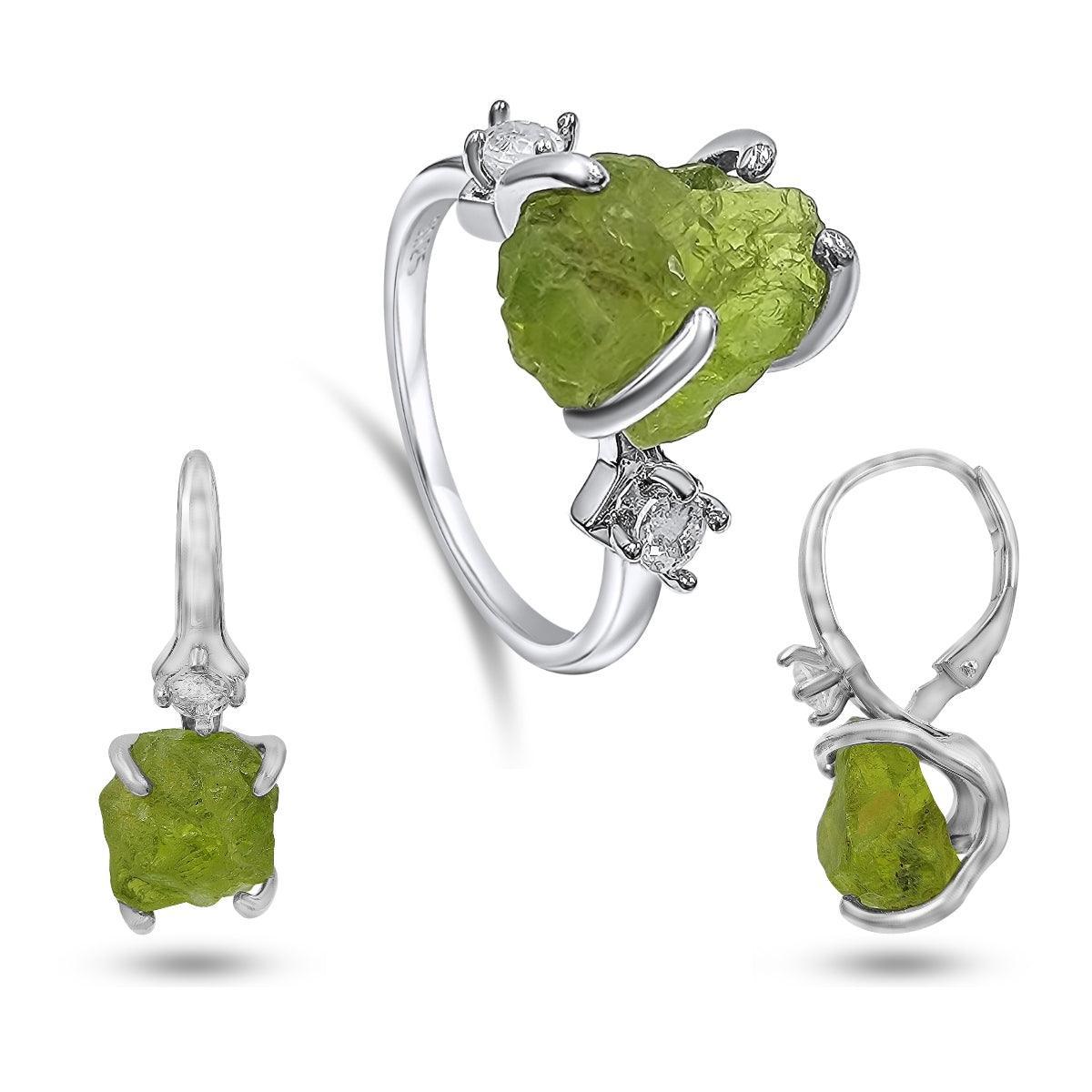 Raw Peridot Crystal Ring Set - Uniquelan Jewelry
