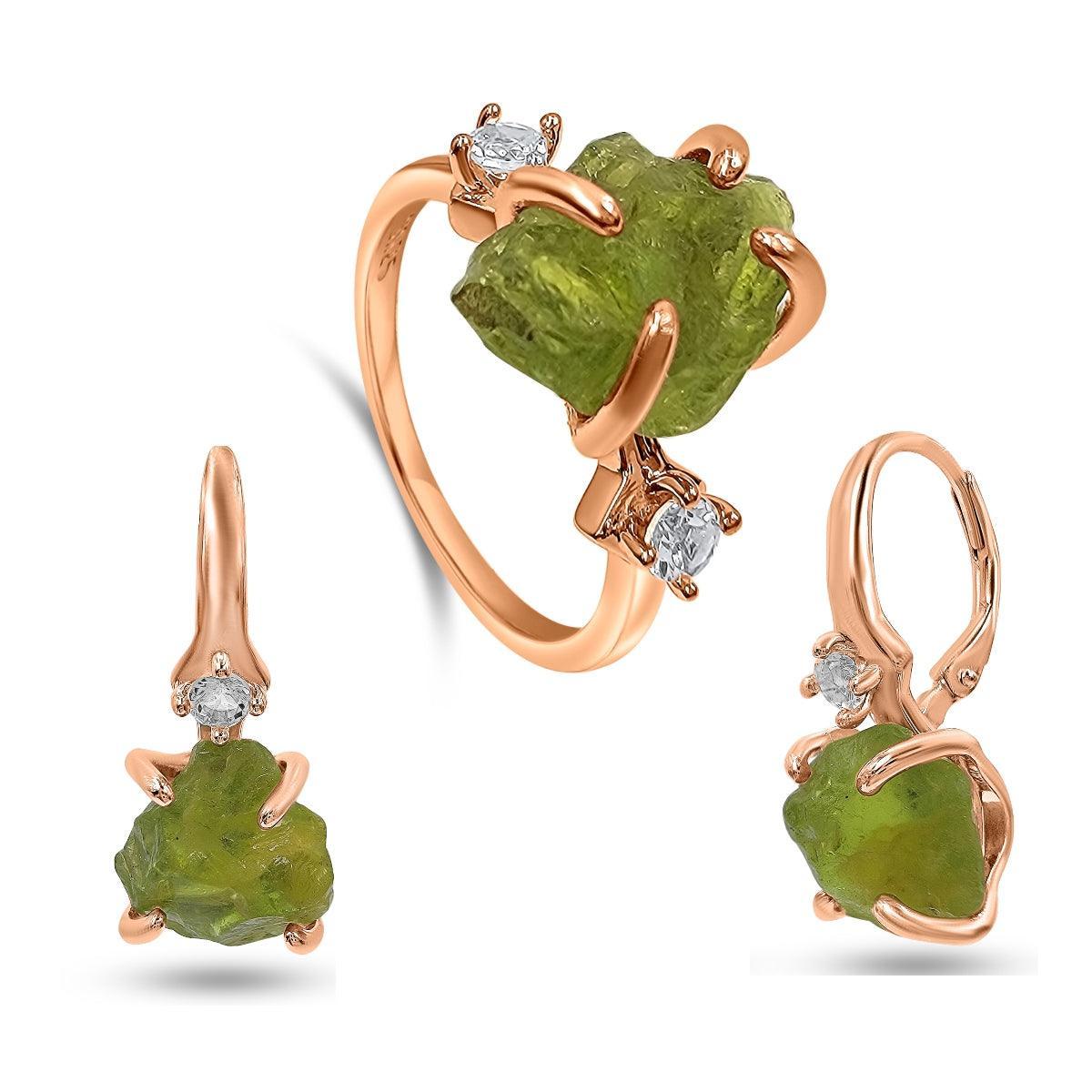 Raw Peridot Crystal Ring Set - Uniquelan Jewelry