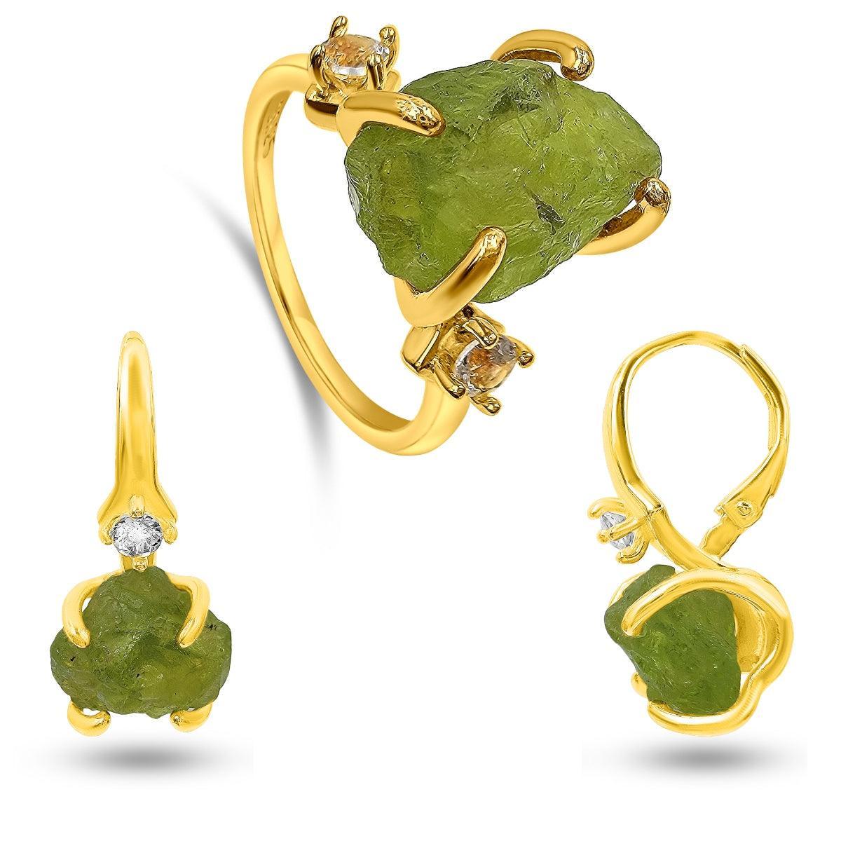 Raw Peridot Crystal Ring Set - Uniquelan Jewelry