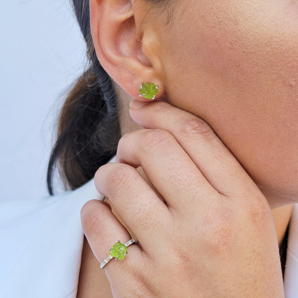 Raw Peridot Ring and Stud Earrings Set - Uniquelan Jewelry