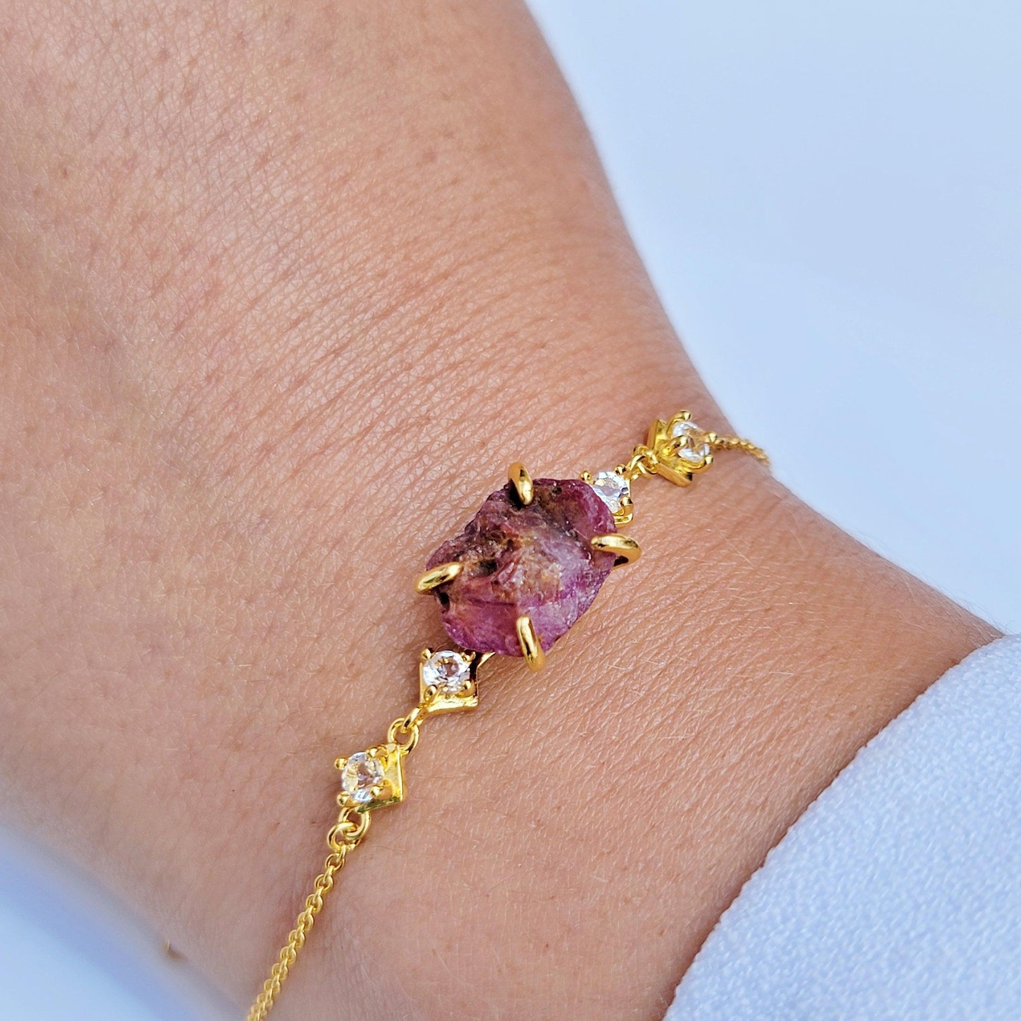 Raw Pink Sapphire Bracelet Yellow Gold - Uniquelan Jewelry