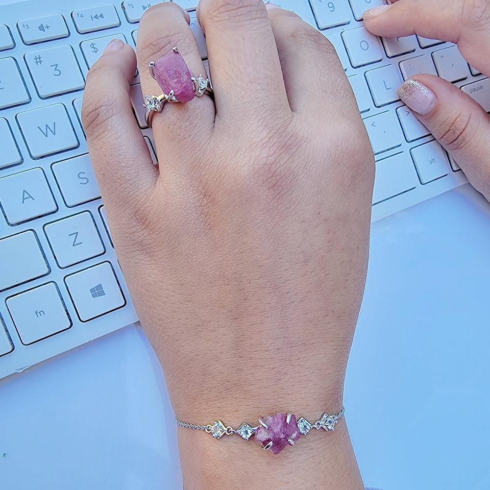 Raw Pink Tourmaline Ring Bracelet Set - Uniquelan Jewelry