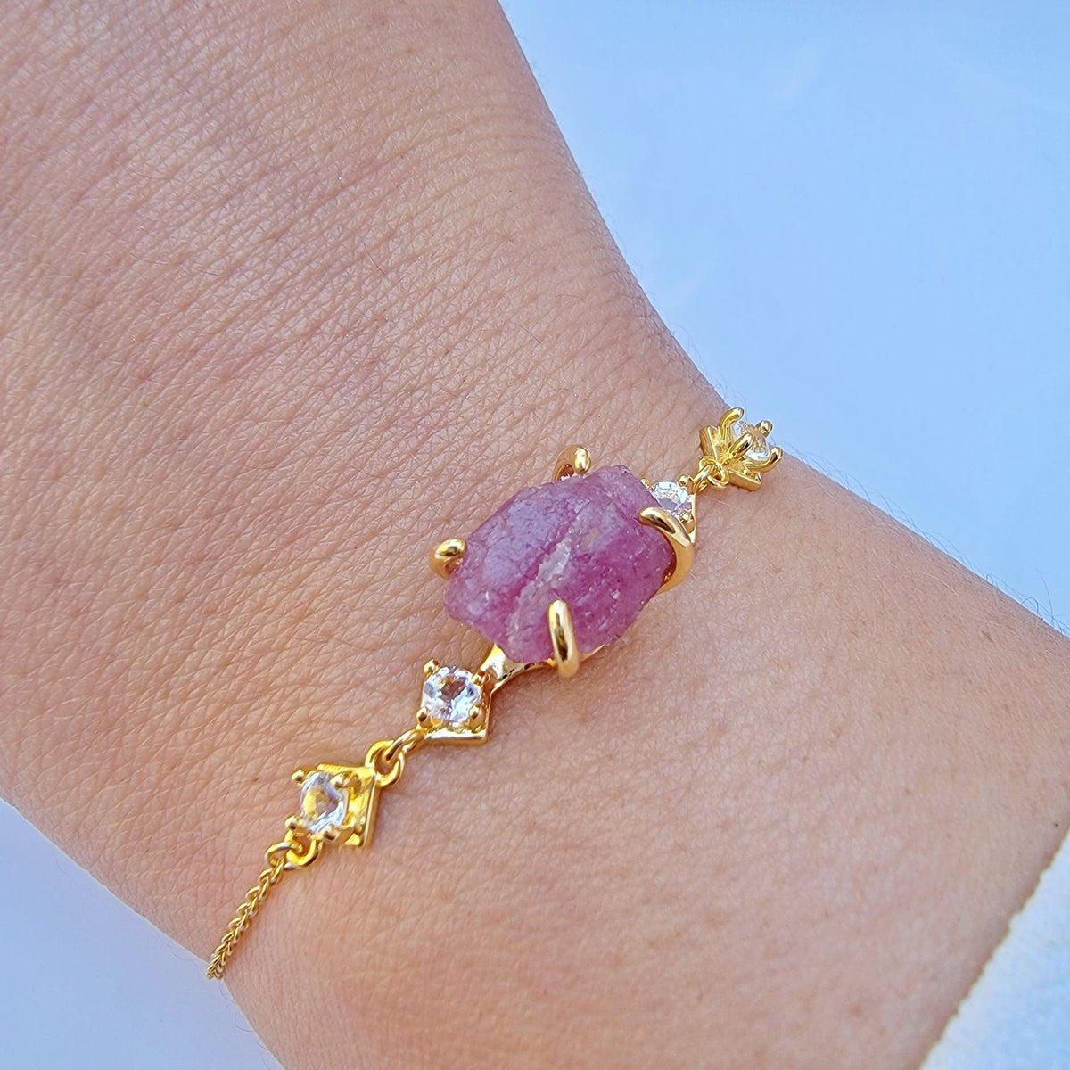 Raw Pink Tourmaline Ring Bracelet Set - Uniquelan Jewelry