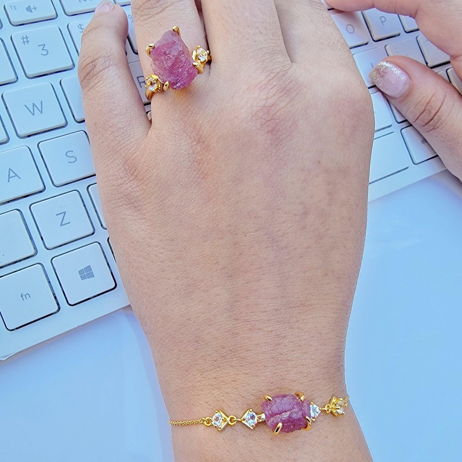 Raw Pink Tourmaline Ring Bracelet Set - Uniquelan Jewelry