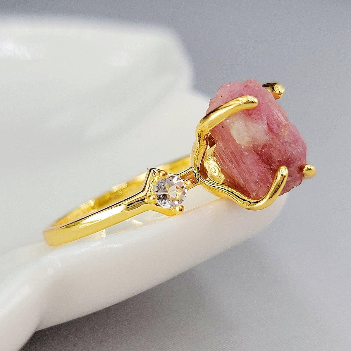 Raw Pink Tourmaline Ring Bracelet Set - Uniquelan Jewelry