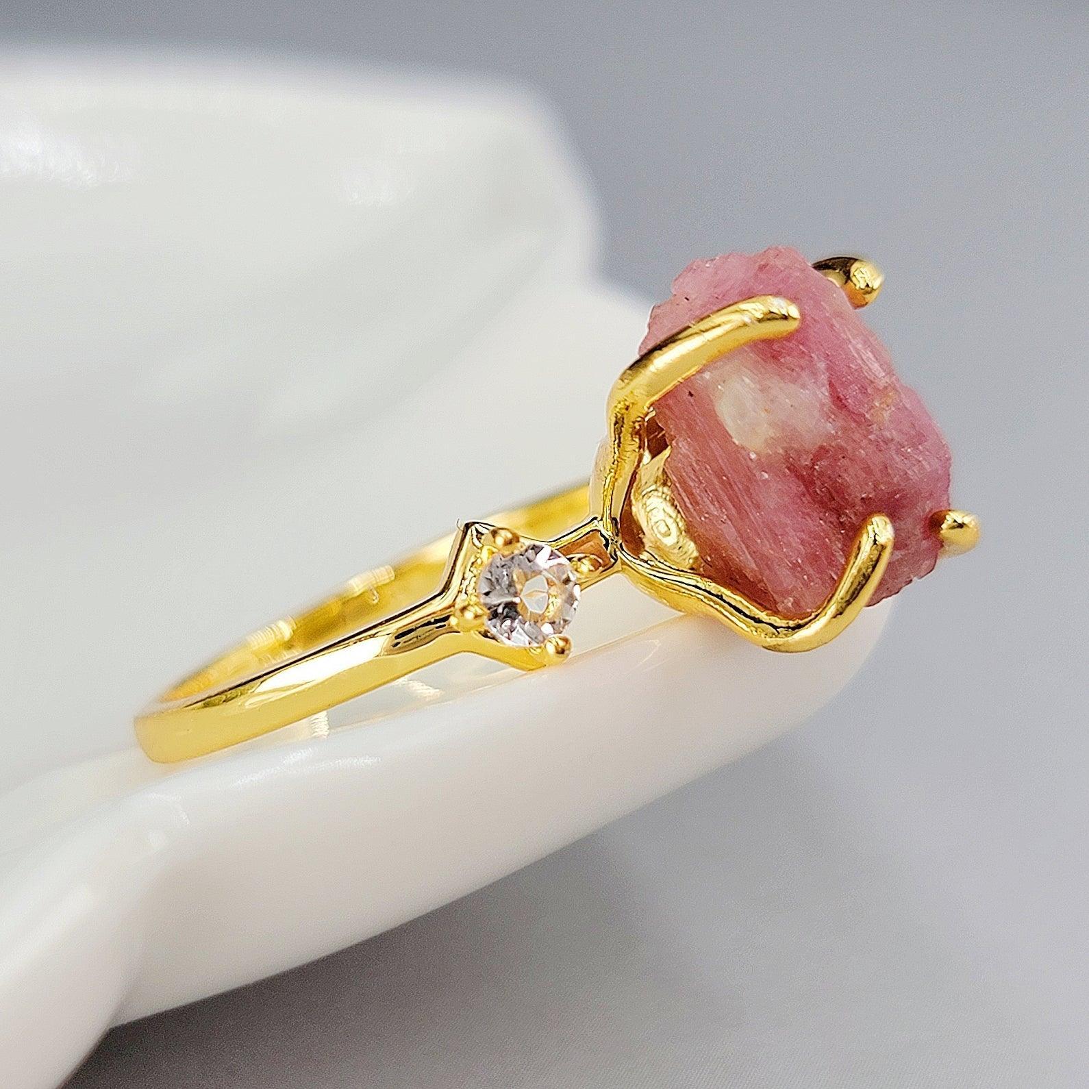 Raw Pink Tourmaline Ring Bracelet Set - Uniquelan Jewelry