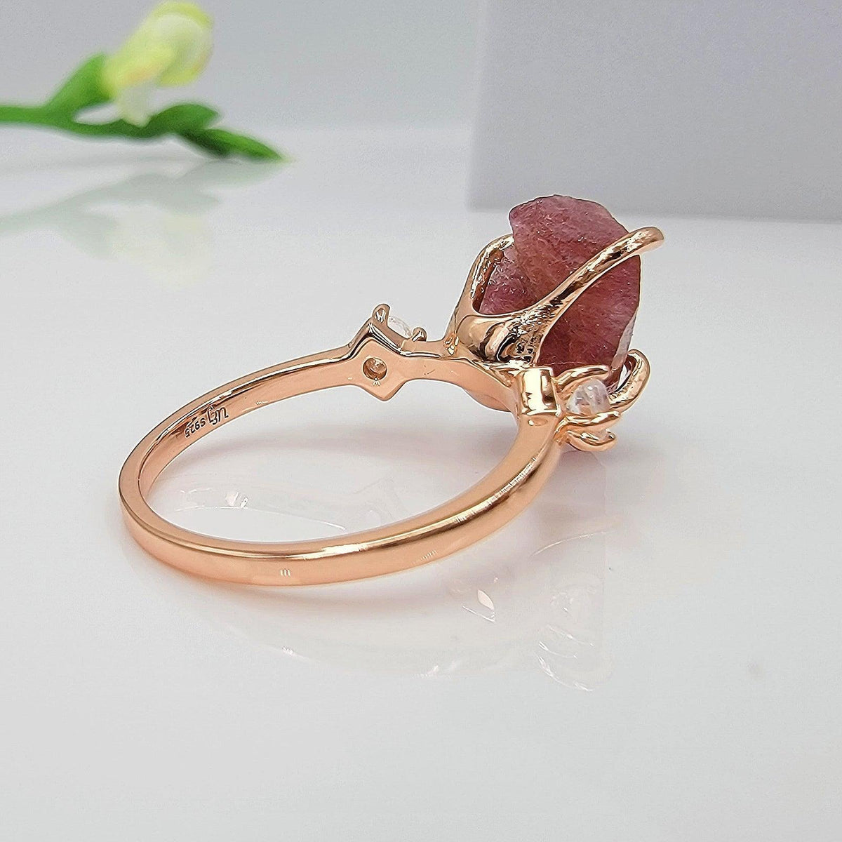 Raw Pink Tourmaline Ring Bracelet Set - Uniquelan Jewelry