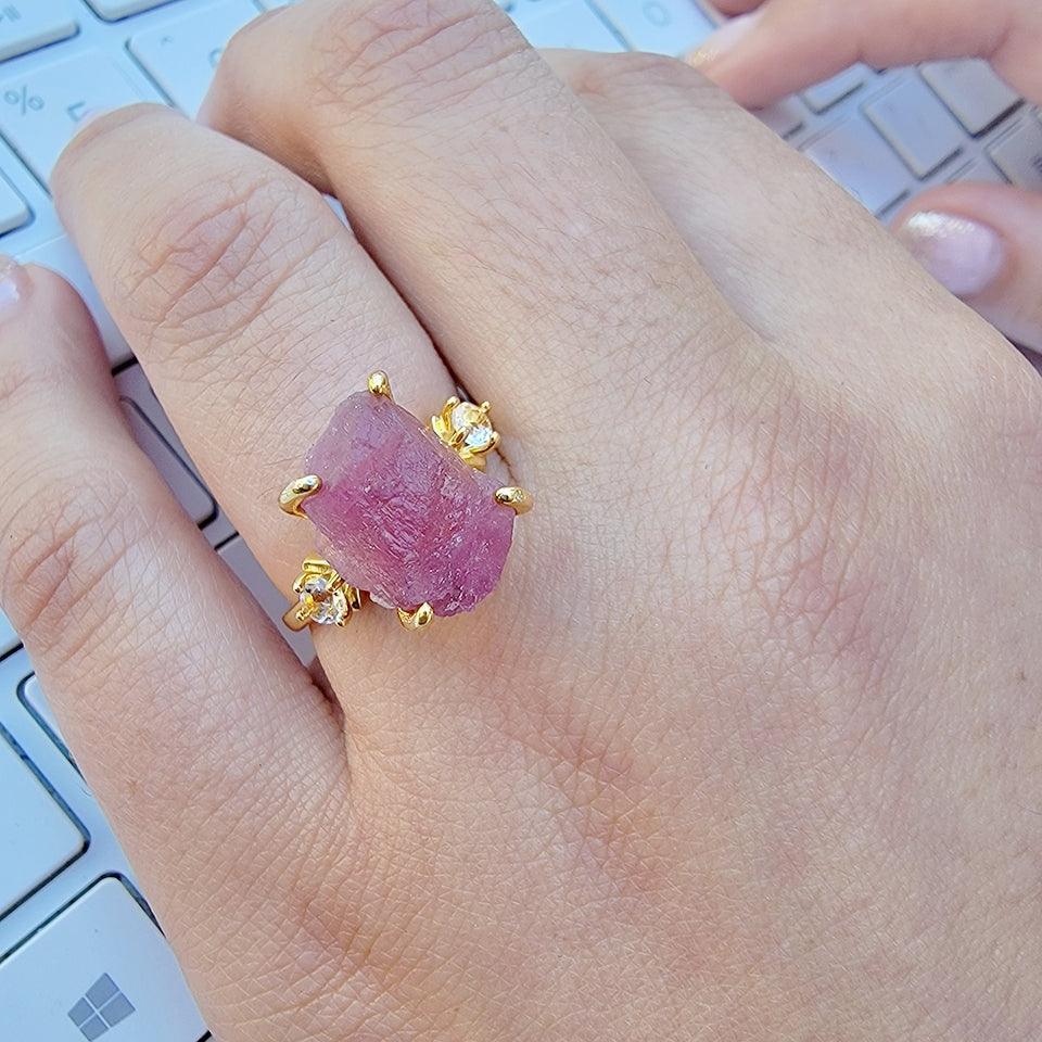 Raw Pink Tourmaline Ring Bracelet Set - Uniquelan Jewelry