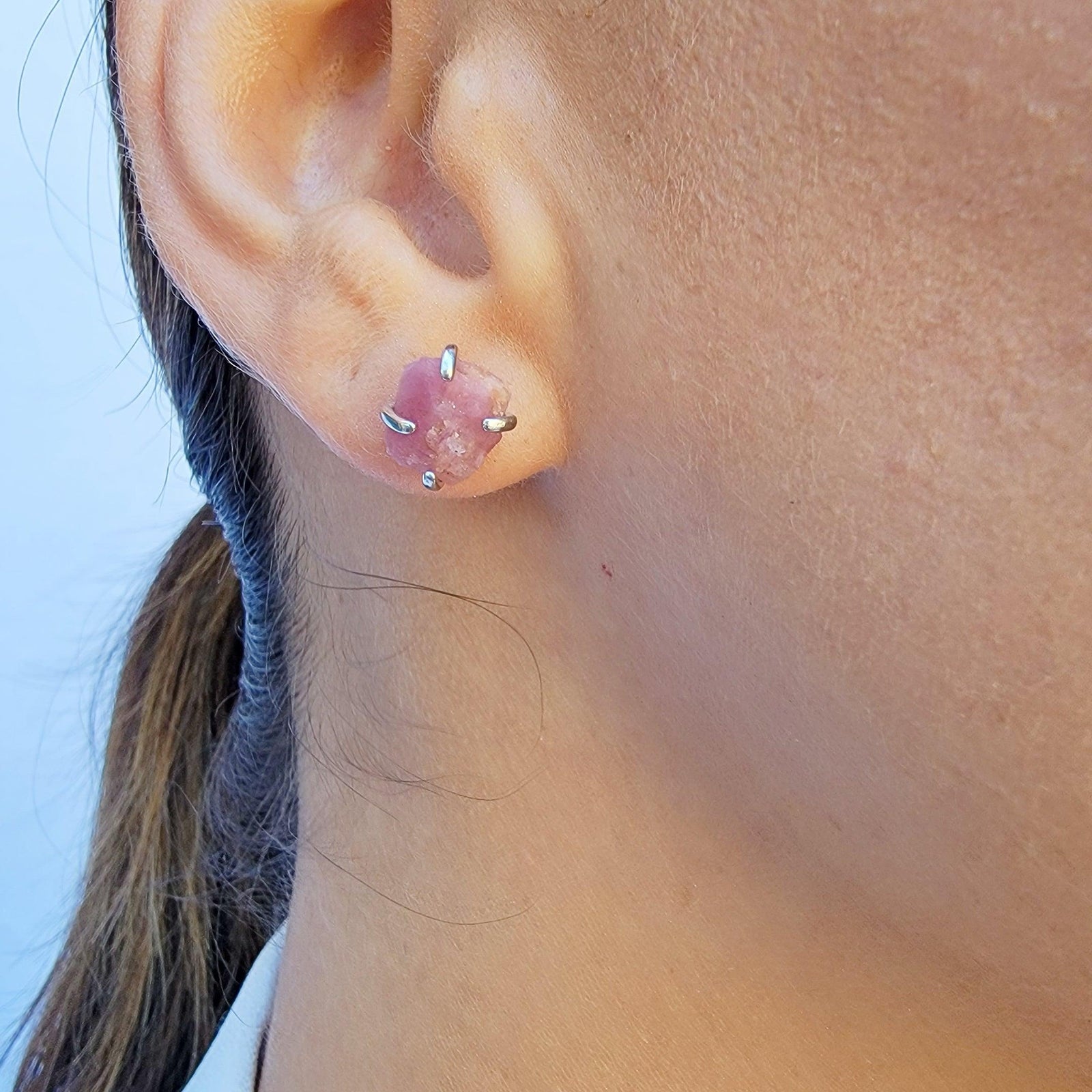 Raw Pink Tourmaline Stud Earrings - Uniquelan Jewelry